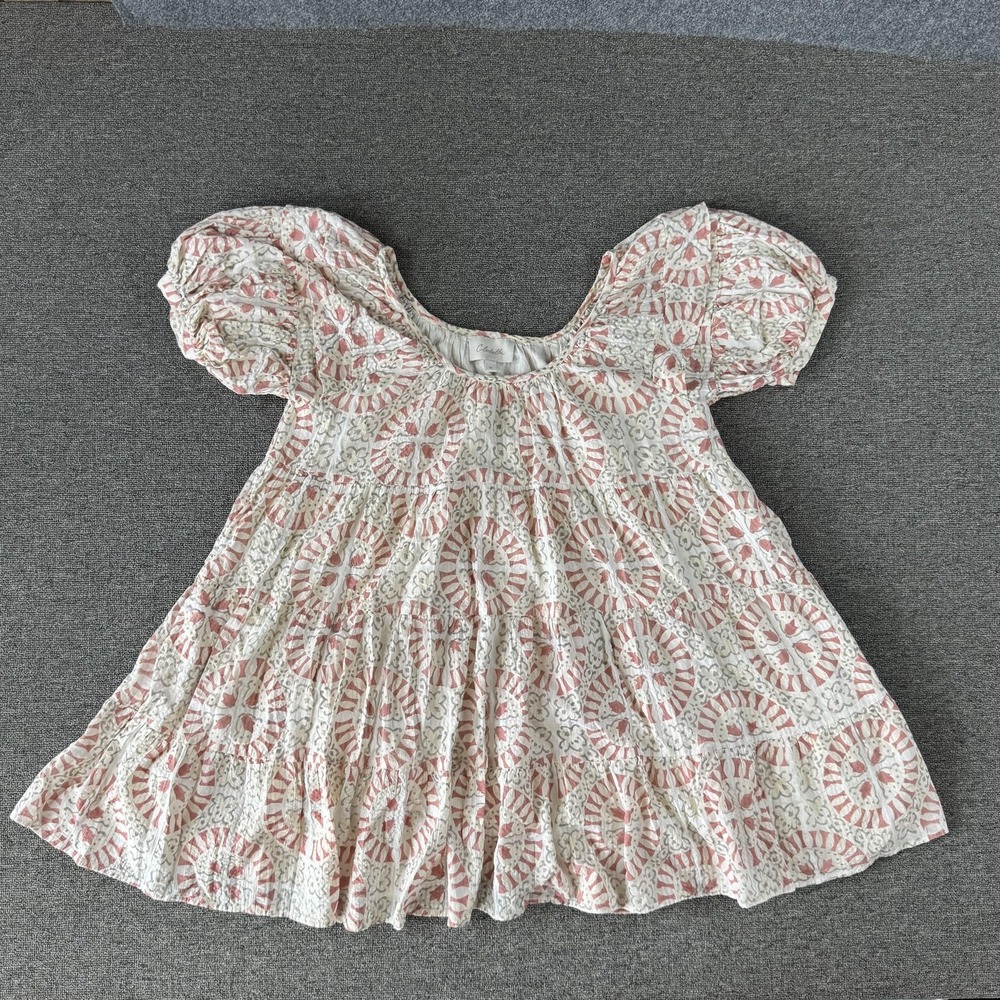 Cleobella Dress Womens Medium Pink Floral Puff Sleeve Boho Cotton Trapeze Mini